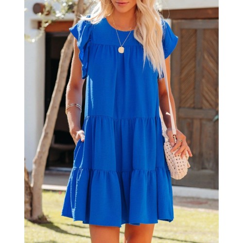Spring Fashion Pleated Loose Solid Color Short Sleeve Dress