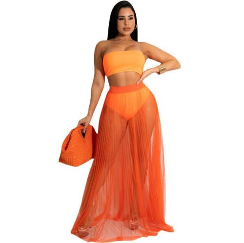 Women's pleated mesh see-through sexy bandeau two-piece set