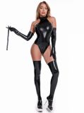 Sexy Tight One Piece Leather Jacket Pu Leather Zipper Bodysuit With Belt