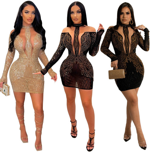 Spring Women Sexy See Through Hot Drill Long-Sleeved Bodycon Dress
