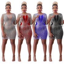 Women Sexy Fringed Hot Drill Handwork See-Through Bodycon Dress