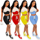 Summer women's fashion casual printing color blocking Two Piece shorts set