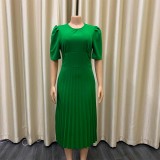 Mujer verano verde elegante cuello redondo manga corta sólido Midi plisado vestido de oficina de talla grande