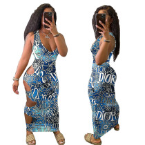 Женское модное сексуальное открытое длинное платье с принтом