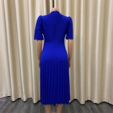 Women Summer Blue Elegant O-Neck Short Sleeves Solid Midi Pleated Plus Size Office Dress