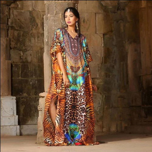 Kadın Büyük Beden Gevşek Baskı Elbise Afrika Plaj Bluz Tatil Elbisesi