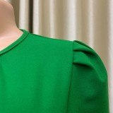 Women Summer Green Elegant O-Neck Short Sleeves Solid Midi Pleated Plus Size Office Dress