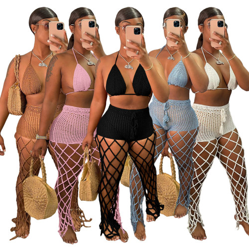 Conjunto de calças femininas oco transparente de duas peças estilo praia arrastão moda sexy