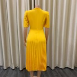 Women Summer Yellow O-Neck Short Sleeves Solid Midi Pleated Plus Size Office Dress