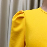 Women Summer Yellow O-Neck Short Sleeves Solid Midi Pleated Plus Size Office Dress