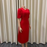 Women Summer Red Elegant O-Neck Short Sleeves Solid Midi Pleated Plus Size Office Dress