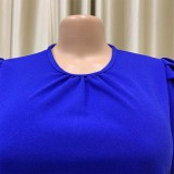 Women Summer Blue Elegant O-Neck Short Sleeves Solid Midi Pleated Plus Size Office Dress