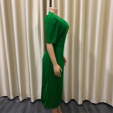 Mujer verano verde elegante cuello redondo manga corta sólido Midi plisado vestido de oficina de talla grande