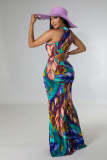 Women's Summer Fashion Colorful Feather Print Sleeveless Dress