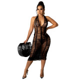 Summer sexy women's fashion ladies hollowed-out see through beach knitted tight skirt halter neck woolen skirt