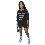 Casual Letters Pretty Loose Casual Long Sleeve Shorts Two Piece Set
