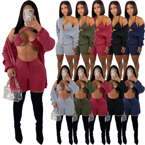 Suéter de discoteca para mujer, chaqueta, ropa interior, bolsillo, pantalones cortos, traje de tres piezas