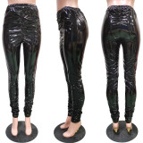 Women's Solid Color Wrinkled Stretch Shiny PU Leather Pants