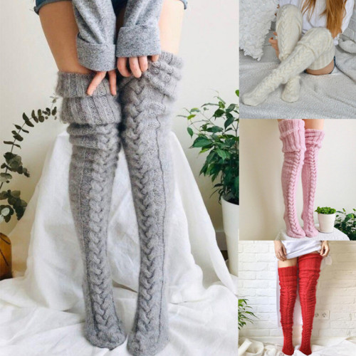Chauffe-pieds en laine bas automne et hiver couleur unie chaussettes au-dessus du genou bas pile pile chaussettes épaisses femmes chaussettes
