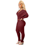 Women's Solid Color Ribbed Large V-Neck Off-the-Shoulder Sexy Two-Piece Set