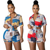 Ladies Fashion Casual Print Lace-Up Two Piece Set