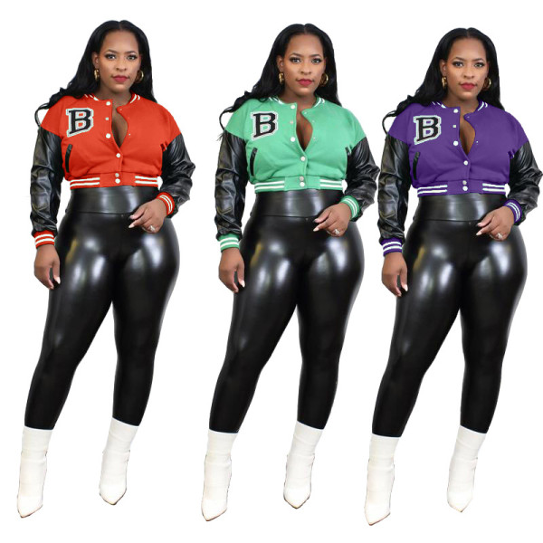 Plus Size Leather Pants Leather Sleeve Jacket Single Breasted Letter Embroidery Set