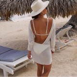 Beach long-sleeved sexy backless ice silk blouse sunscreen bikini swimsuit