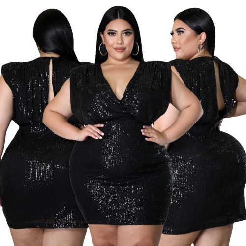 プラスサイズの女性の黒いスパンコールディープVノースリーブヒップドレス