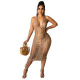 Summer sexy women's fashion ladies hollowed-out see through beach knitted tight skirt halter neck woolen skirt