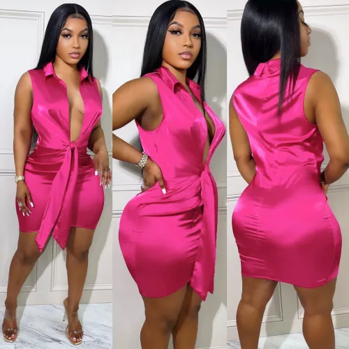 Women Sexy Solid Sleeveless Belted Mini Dress
