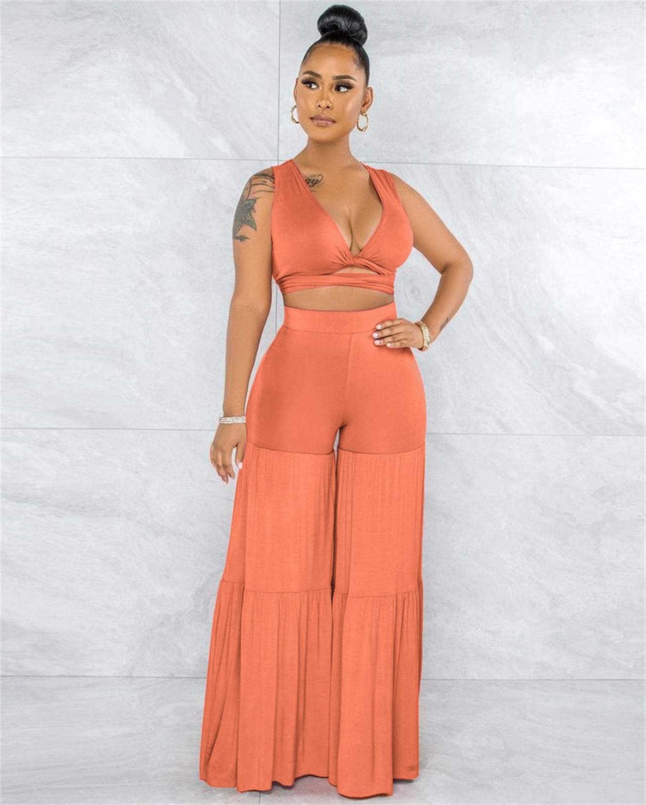 Women Summer Sexy Bundling Pleated Crop Top And Wide Leg Pants Two Piece -  The Little Connection