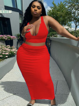 Plus Size Women Solid Sexy Vest And Long Dress Two-Piece Set
