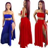 Summer Women Solid Mesh Crop Top And Slit Long Dress Swimsuit 3 Piece Set