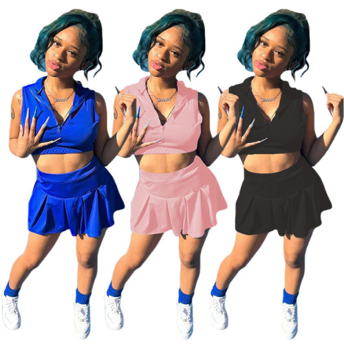 Fashion Sports Women Summer Solid Zipper Top And Mini Skirt Tennis Two-Piece Set