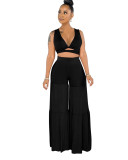 Women Summer Sexy Bundling Pleated Crop Top And Wide Leg Pants Two Piece