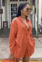 Bahar Kadın Günlük Turuncu Çizgili Uzun Kollu Gevşek Bluz ve Maç Şort Ucuz Toptan İki Parçalı Setler
