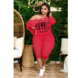 Plus Size Women Printed Bat Long Sleeve Top And Shorts Two Piece Set