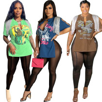 Set da donna in due pezzi con nappa stampata hip-hop e leggings in rete