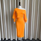 Women Spring Orange Modest Slash Neck Full Sleeves High Waist Solid Regular MidiTwo Piece Skirt Set