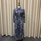 Plus Size Women Spring Long Sleeve High Waist Printed With Belt Dress