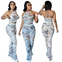 Women Summer Fashion Newspaper Butterfly Print Top And Pant Two Piece