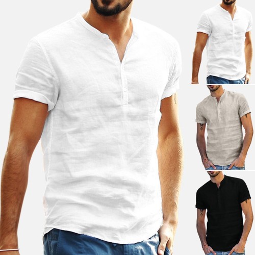 Camisa de manga corta de lino y algodón con cuello alzado para hombre