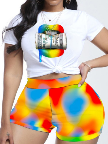 Damenmode lässig bedrucktes T-Shirt Top Farbkontrast Shorts zweiteiliges Set