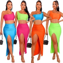 Women's Solid Color Contrast Color Sexy two piece Skirt Set