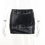 Summer Gothic Double Belt Slim Leather Skirt