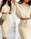 Autumn and winter temperament commuter long casual solid color round neck long sleeve slit skirt suit women