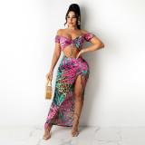 Women's Two Piece Fashion Sexy Lace Up Print Top Drawstring Skirt Set