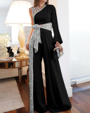 Silver shiny One-Shoulder Tie Waist Flared One Piece Pants