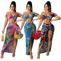 Women's Two Piece Fashion Sexy Lace Up Print Top Drawstring Skirt Set