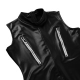 Erotic Lingerie Sexy Women's Sleeveless Hollow One Piece Patent Leather Game Dress